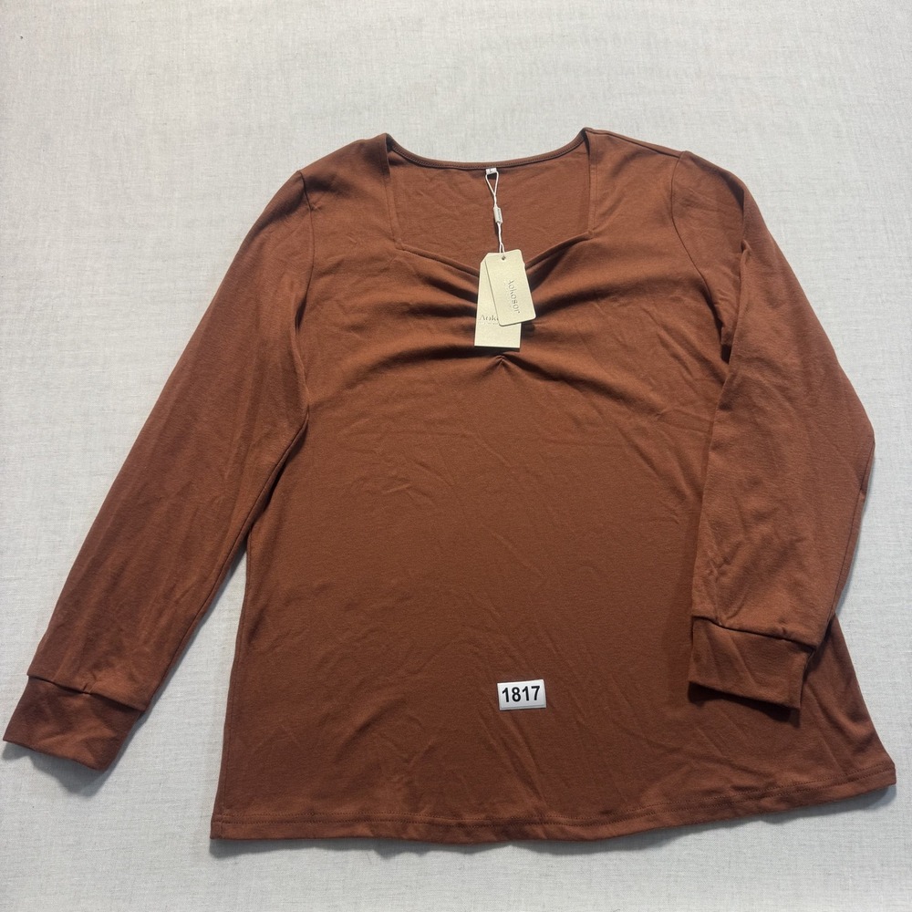 Aokosor Sweetheart Neck Long Sleeve Top Womens Sz L Brown New With Tags